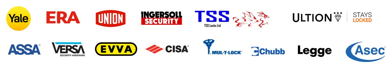 Logos of top lock brands used by Locks & Glass, including Yale, ERA, Union, Ultion, ASSA, Chubb, CISA and more.